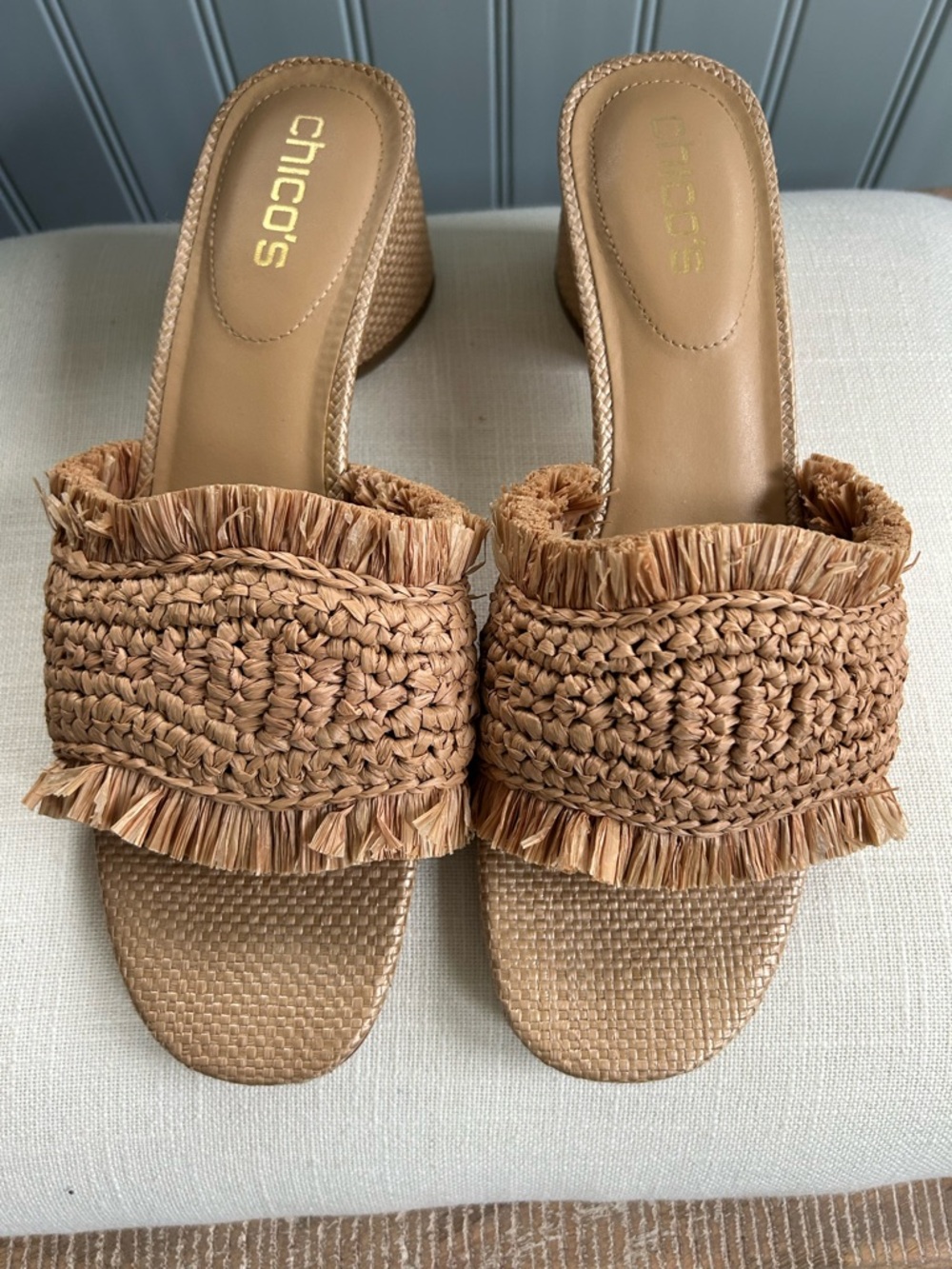 Chico's Tan Raffia Fringe Slide Mules - Picture 4 of 5
